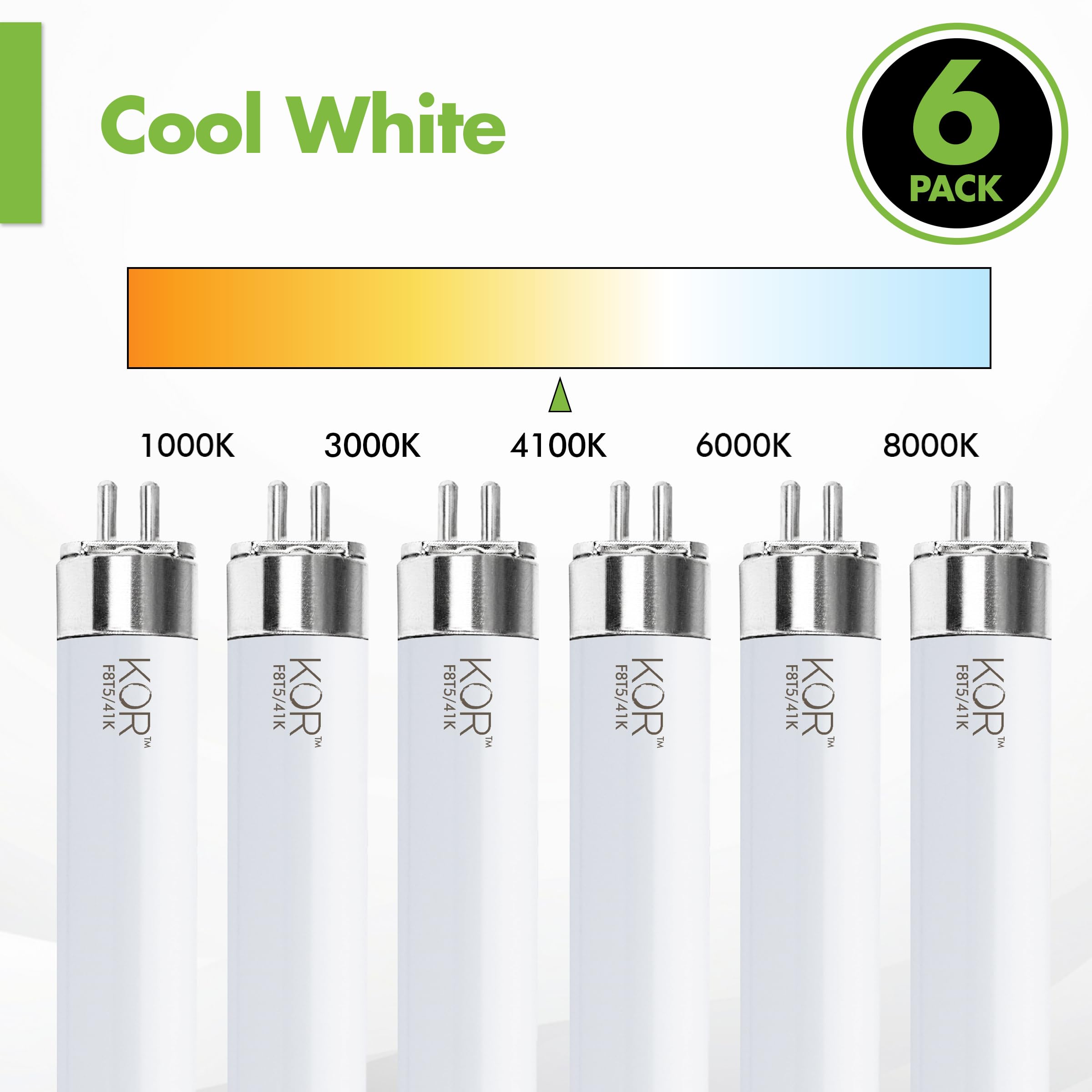 KOR F8T5/CW Fluorescent Tube Light Bulbs, 8W, 4100K Cool White, 6